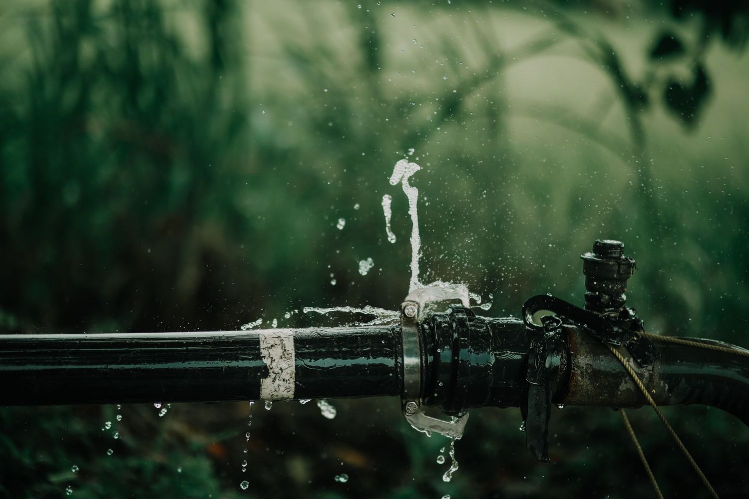 Tubería negra de riego perdiendo agua a presión en un jardín